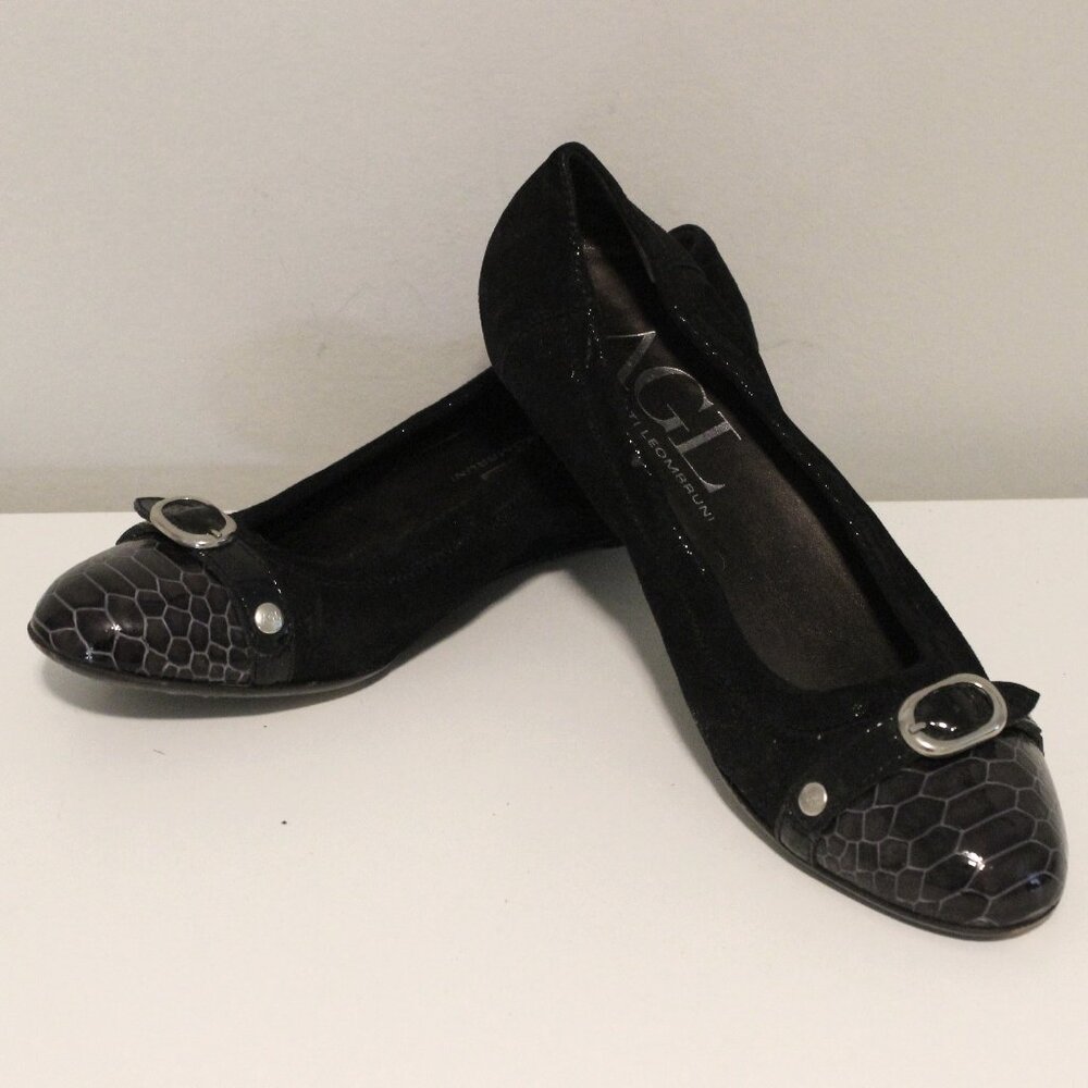 AGL Attilio Giusti Snake Suede Leather Black Cap Toe Ballet Wedge Heel Size 39